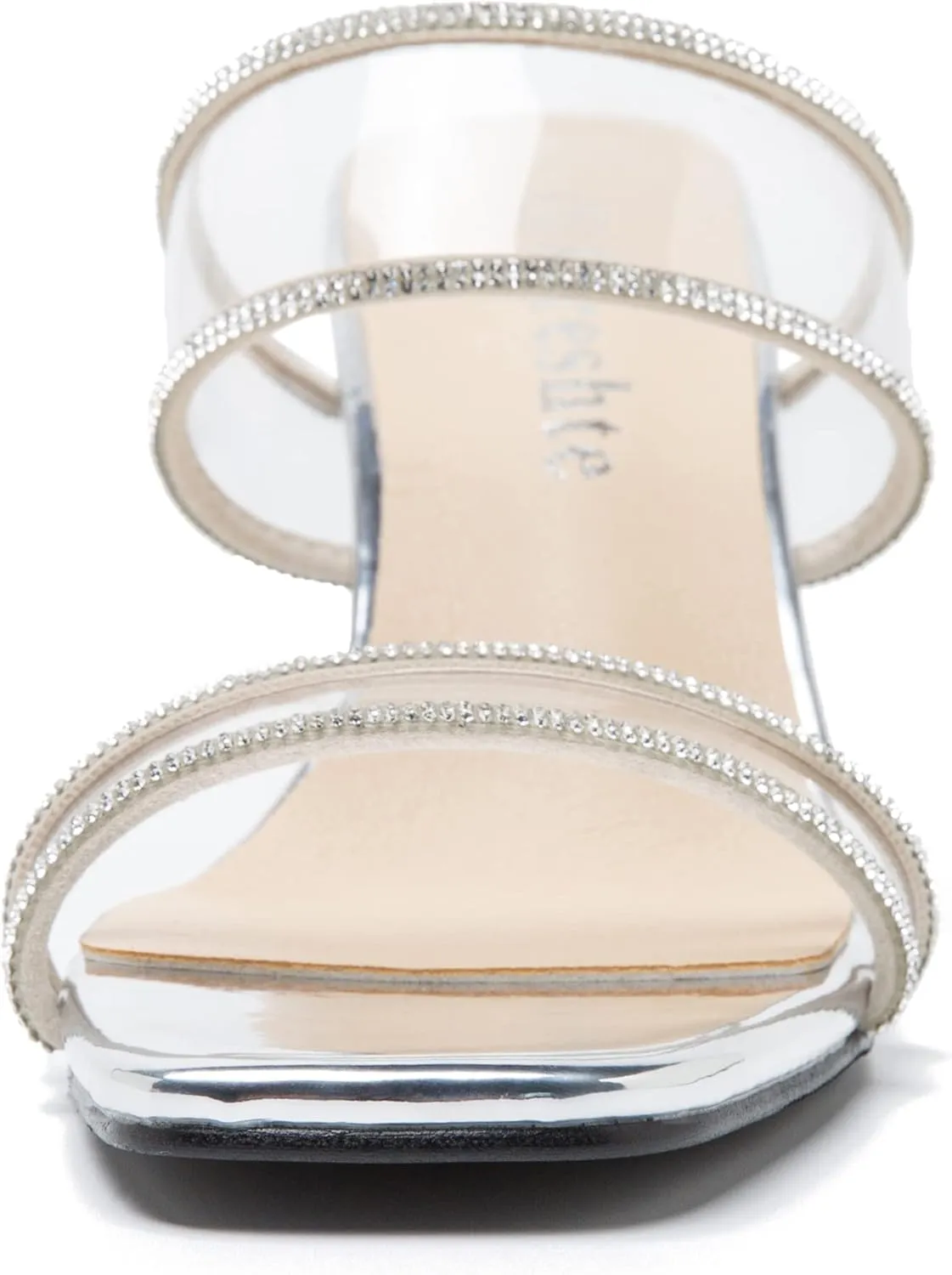fereshte Women's Two Straps Clear Heels Slip On Square Toe Rhinestone Transparent Clear Block Heel Sandals