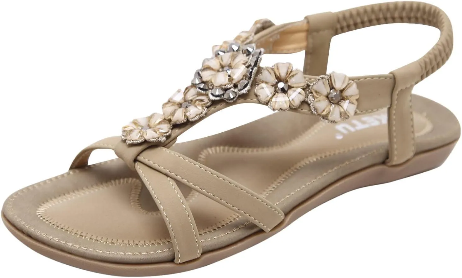Flat Sandals for Women Casual Summer Crystal Flower Open Toe Elastic Slip on Sandals Lightweight Comfortable Outdoor Beach Roman Shoes Sandalias