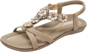 Flat Sandals for Women Casual Summer Crystal Flower Open Toe Elastic Slip on Sandals Lightweight Comfortable Outdoor Beach Roman Shoes Sandalias