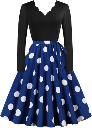 Formal Dress for Women 2024 Vintage Hepburn Polka Dots Long Sleeve Knee-Length Dress Cocktail Party Evening Dresses