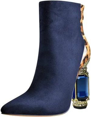 FSJ Women Fashion Ankle Boots Crystal Chunky High Heel Pointed Toe Side Zipper Comfort Dress Short Booties Size 4-15 US