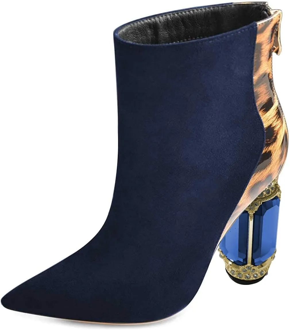 FSJ Women Fashion Ankle Boots Crystal Chunky High Heel Pointed Toe Side Zipper Comfort Dress Short Booties Size 4-15 US