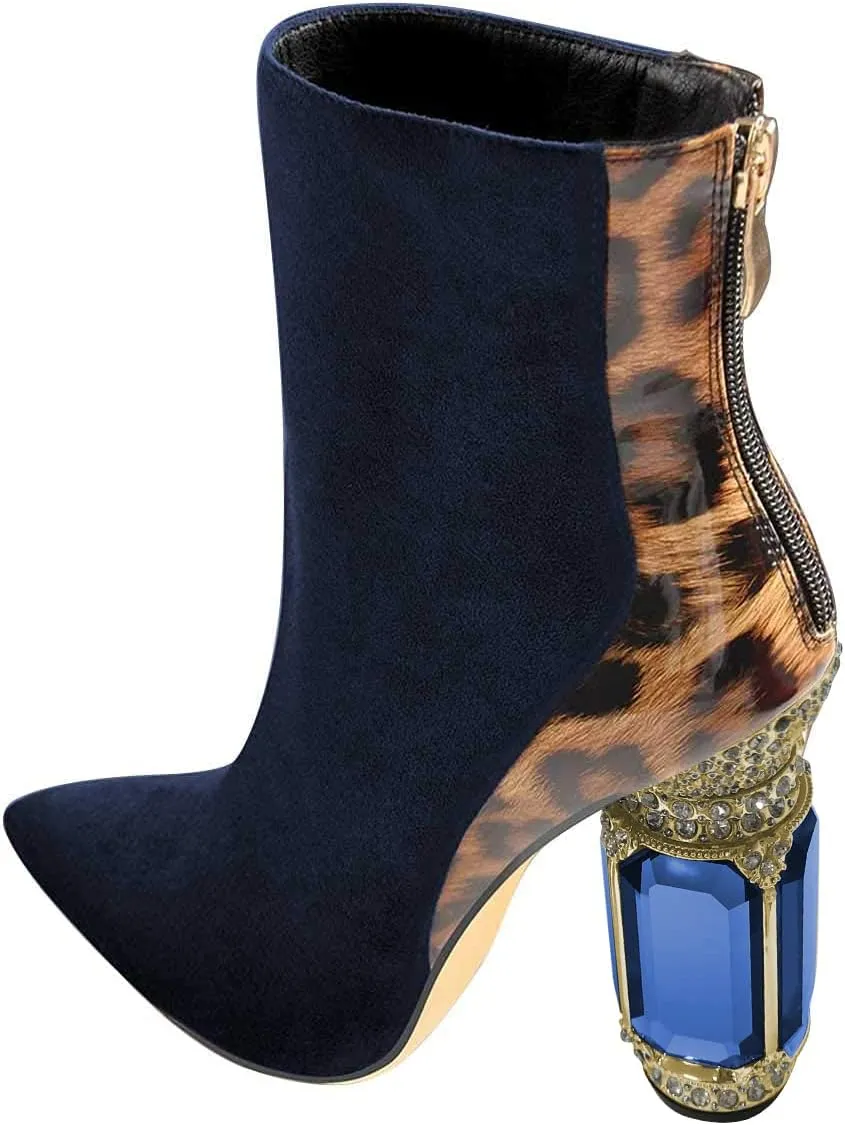 FSJ Women Fashion Ankle Boots Crystal Chunky High Heel Pointed Toe Side Zipper Comfort Dress Short Booties Size 4-15 US