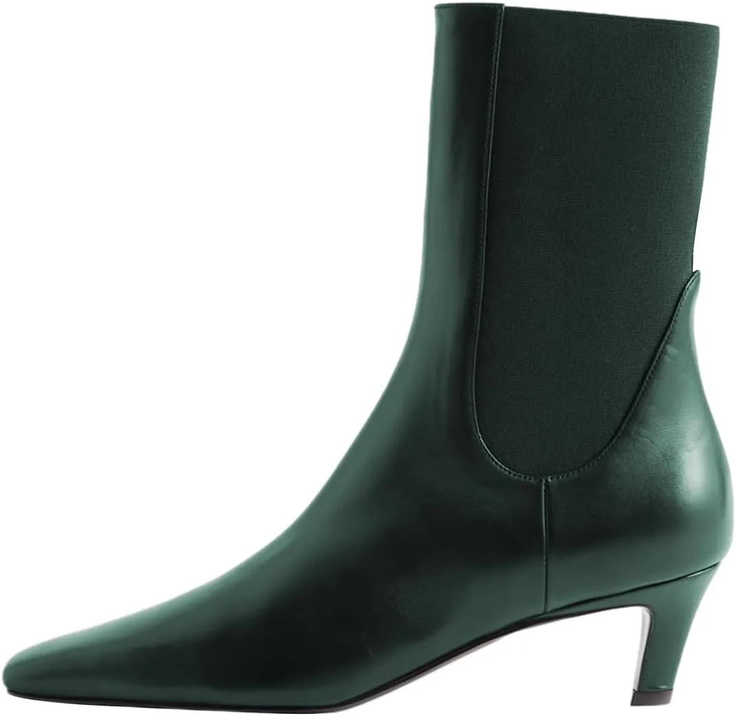 FSJ Women Square Toe Ankle Boot Kitten Low Heel Slip On Western Elastic Chelsea Bootie Vegan Leather Walking Dress Shoes Size 4-16 US