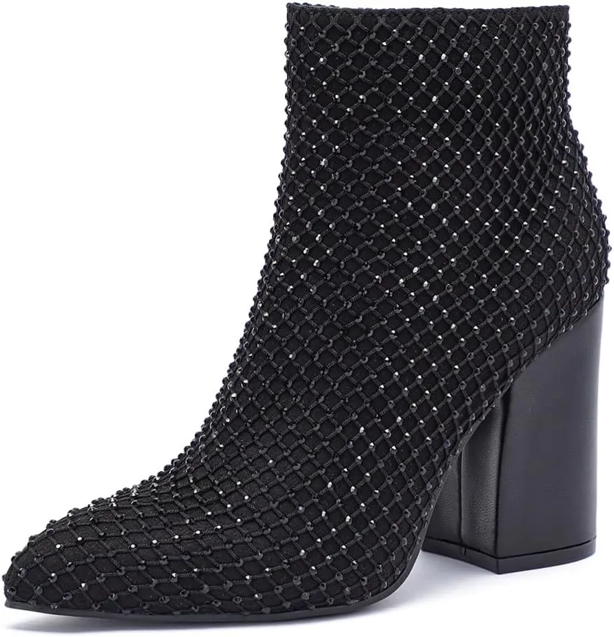 geluboao Ankle Boots for Women Sexy Bling Rhinestone Pointed Toe Side Zipper Fashion Chunky High Heeled Short Booties