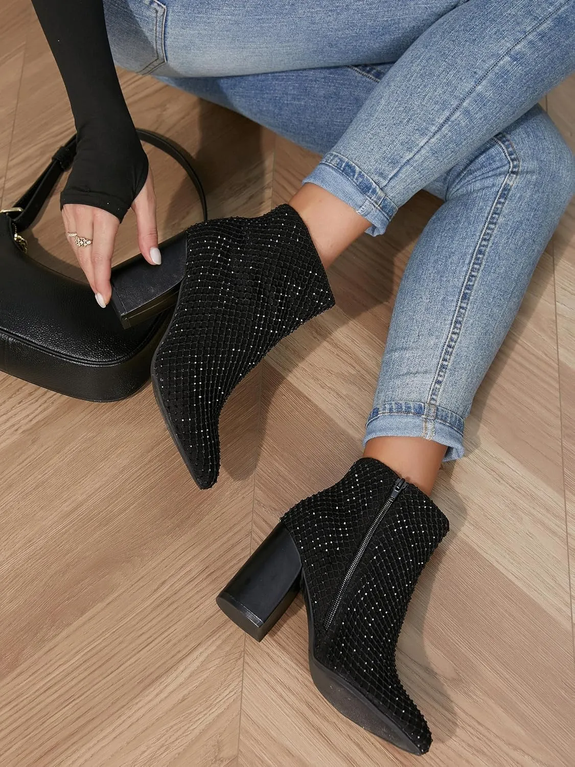 geluboao Ankle Boots for Women Sexy Bling Rhinestone Pointed Toe Side Zipper Fashion Chunky High Heeled Short Booties