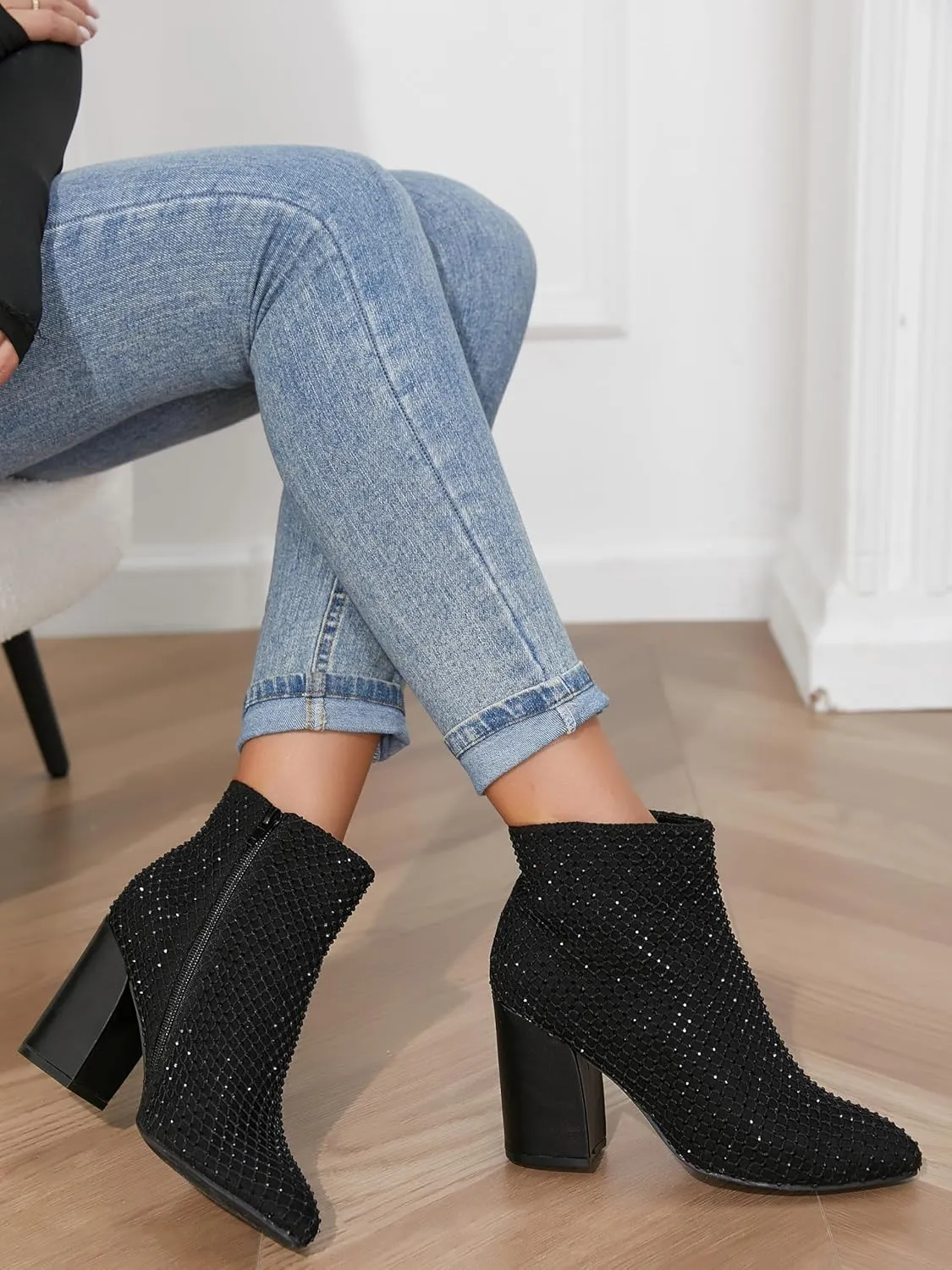 geluboao Ankle Boots for Women Sexy Bling Rhinestone Pointed Toe Side Zipper Fashion Chunky High Heeled Short Booties