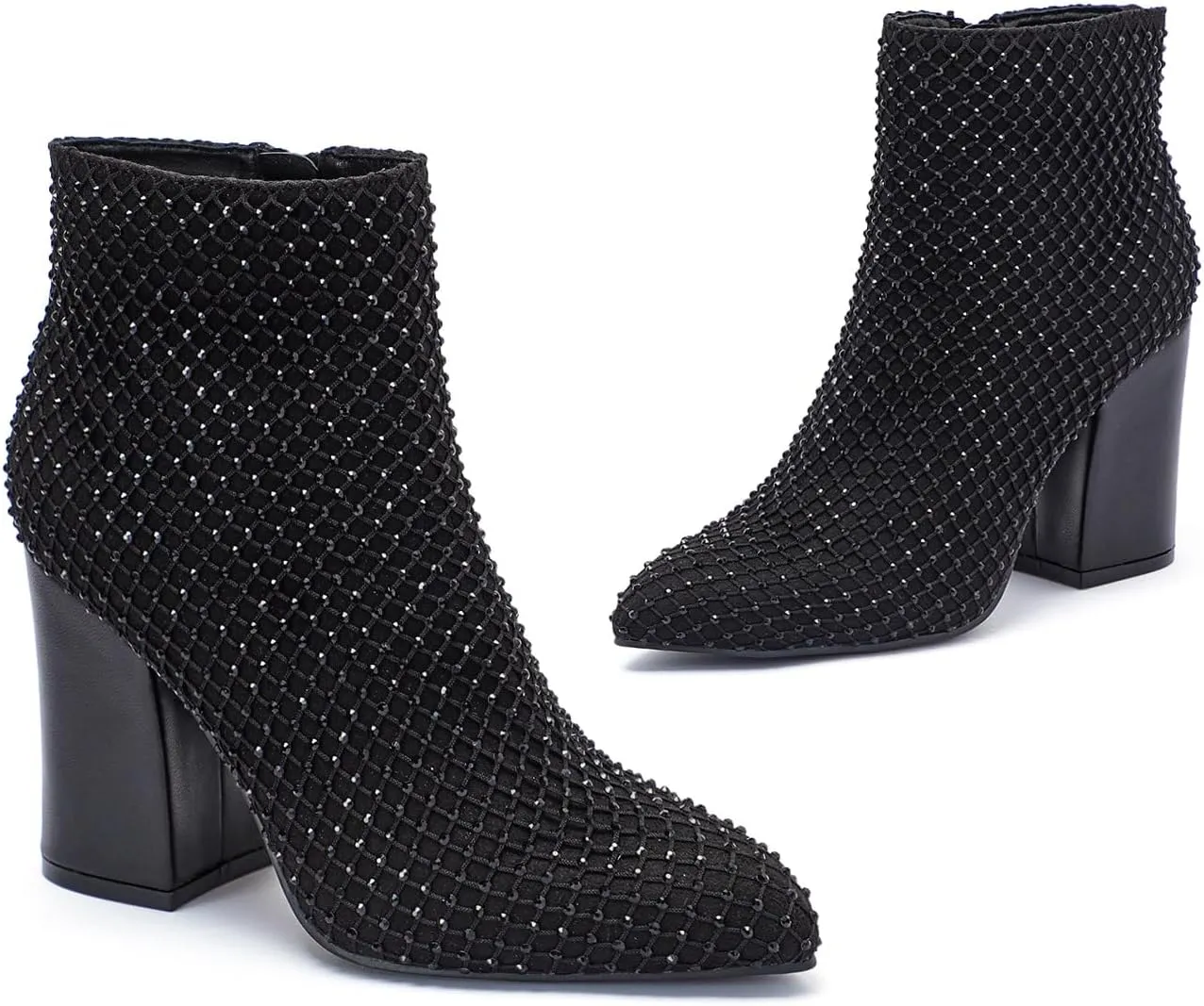 geluboao Ankle Boots for Women Sexy Bling Rhinestone Pointed Toe Side Zipper Fashion Chunky High Heeled Short Booties