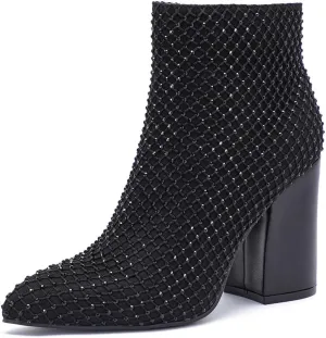 geluboao Ankle Boots for Women Sexy Bling Rhinestone Pointed Toe Side Zipper Fashion Chunky High Heeled Short Booties