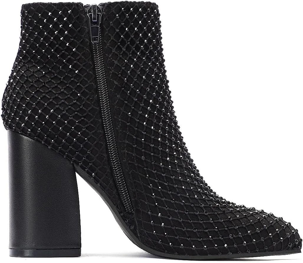 geluboao Ankle Boots for Women Sexy Bling Rhinestone Pointed Toe Side Zipper Fashion Chunky High Heeled Short Booties