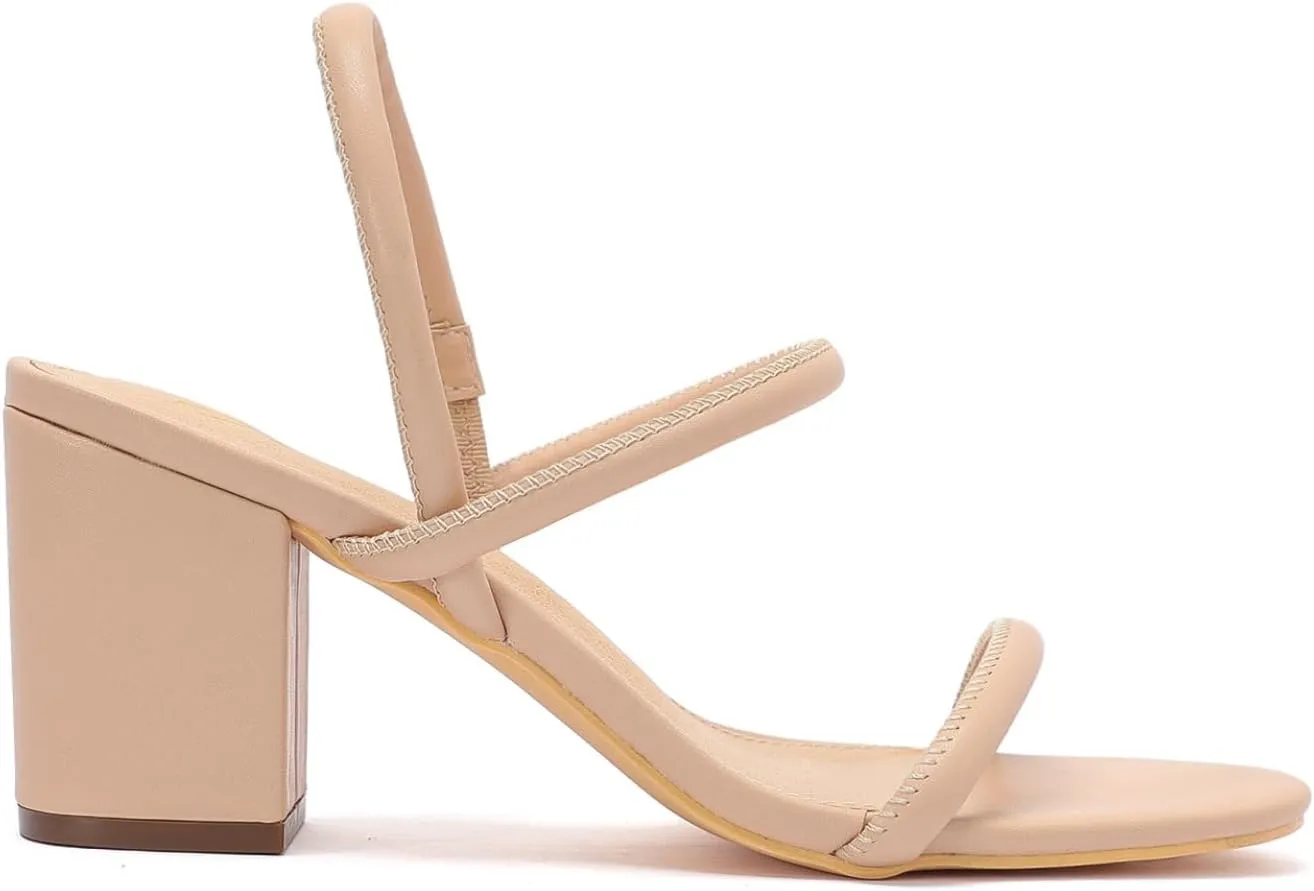 geluboao Heels for Women Classic Open Round Toe Three Straps Slip On Block Low Heel Sandals Strappy Ankle Strap Chunky Heeled Sandals Party Wedding Dress Shoes