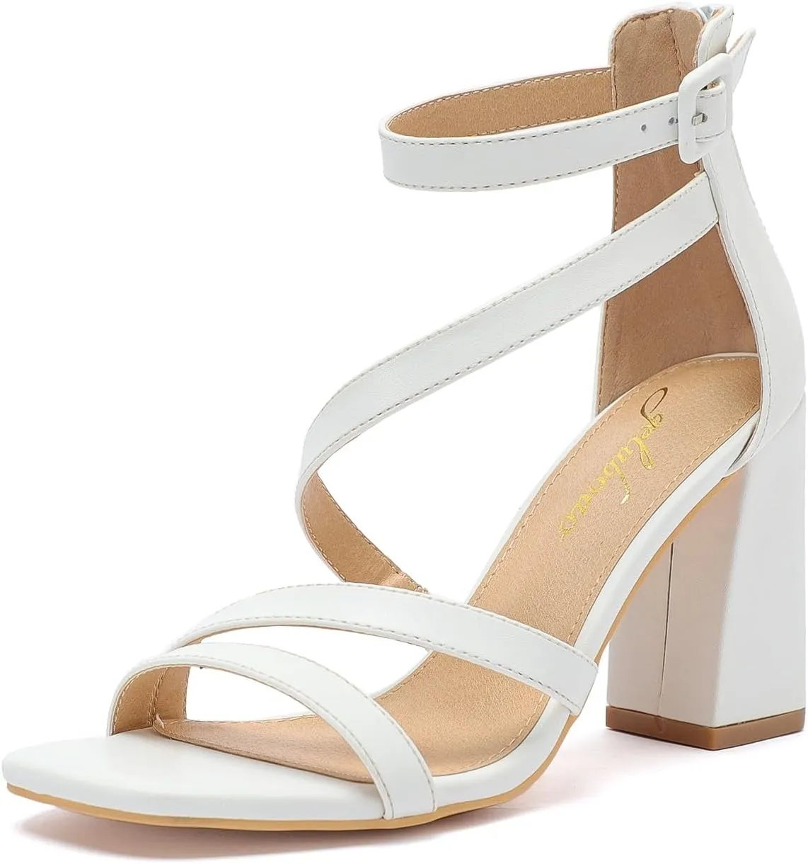 geluboao Heels for Womens Sexy Open Square Toe Strappy Chunky High Heels Sandals Ankle Strap Buckle Block Heeled Sandals
