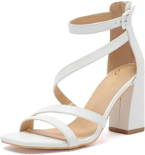 geluboao Heels for Womens Sexy Open Square Toe Strappy Chunky High Heels Sandals Ankle Strap Buckle Block Heeled Sandals