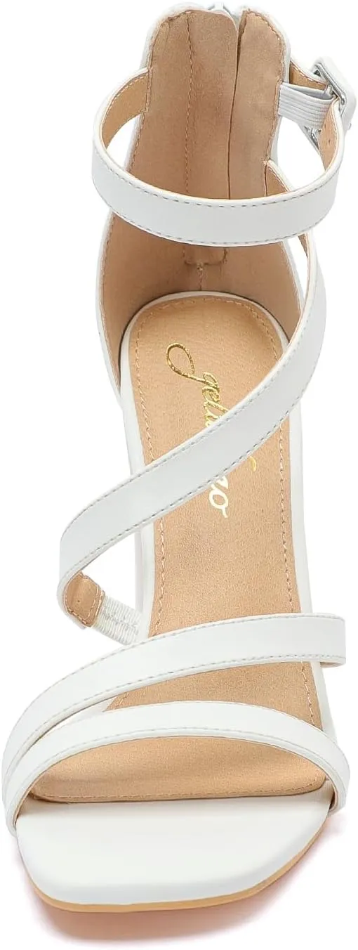 geluboao Heels for Womens Sexy Open Square Toe Strappy Chunky High Heels Sandals Ankle Strap Buckle Block Heeled Sandals