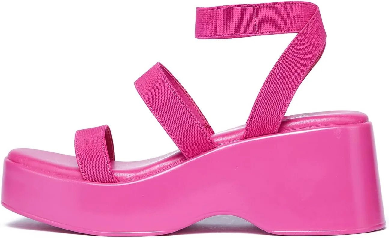 GENSHUO Women's Platform Open Toe Ankle Strap Casual Elastic Strap Flatform Wedge Sandals