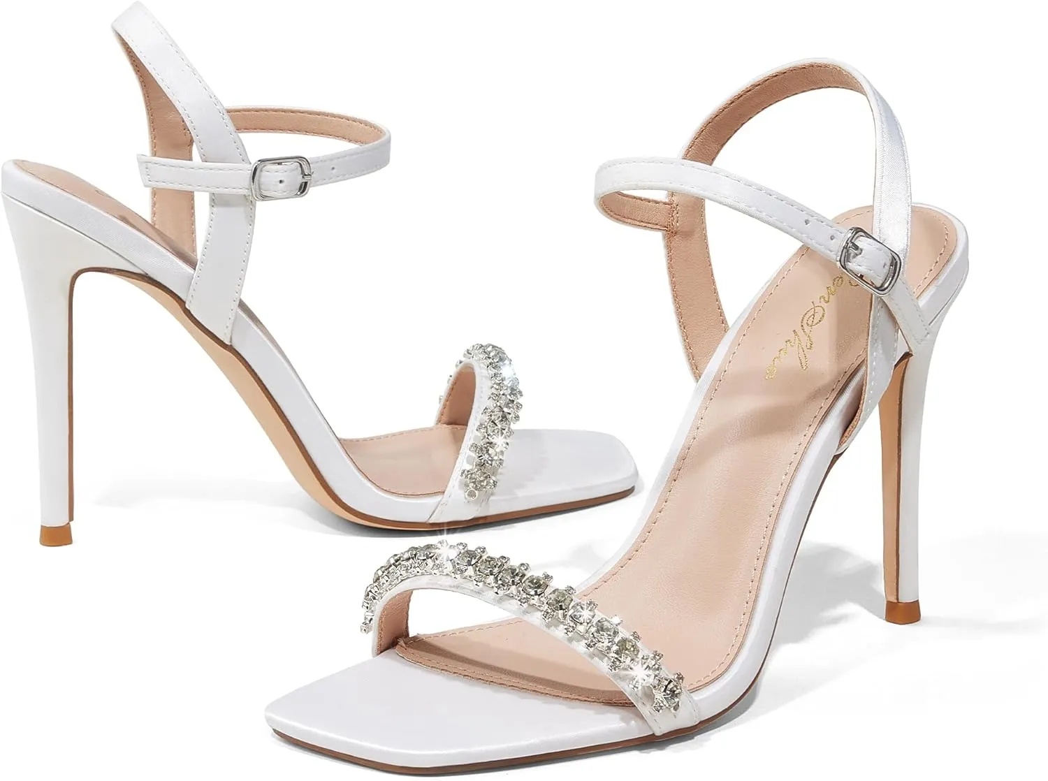 GENSHUO Women's Square Toe Strappy Stiletto Heels,4 Inch Open Toe Heel Sandals Ankle Strap Buckle Sexy High Heeled Prom Party Wedding Daily Wear Dress Shoes