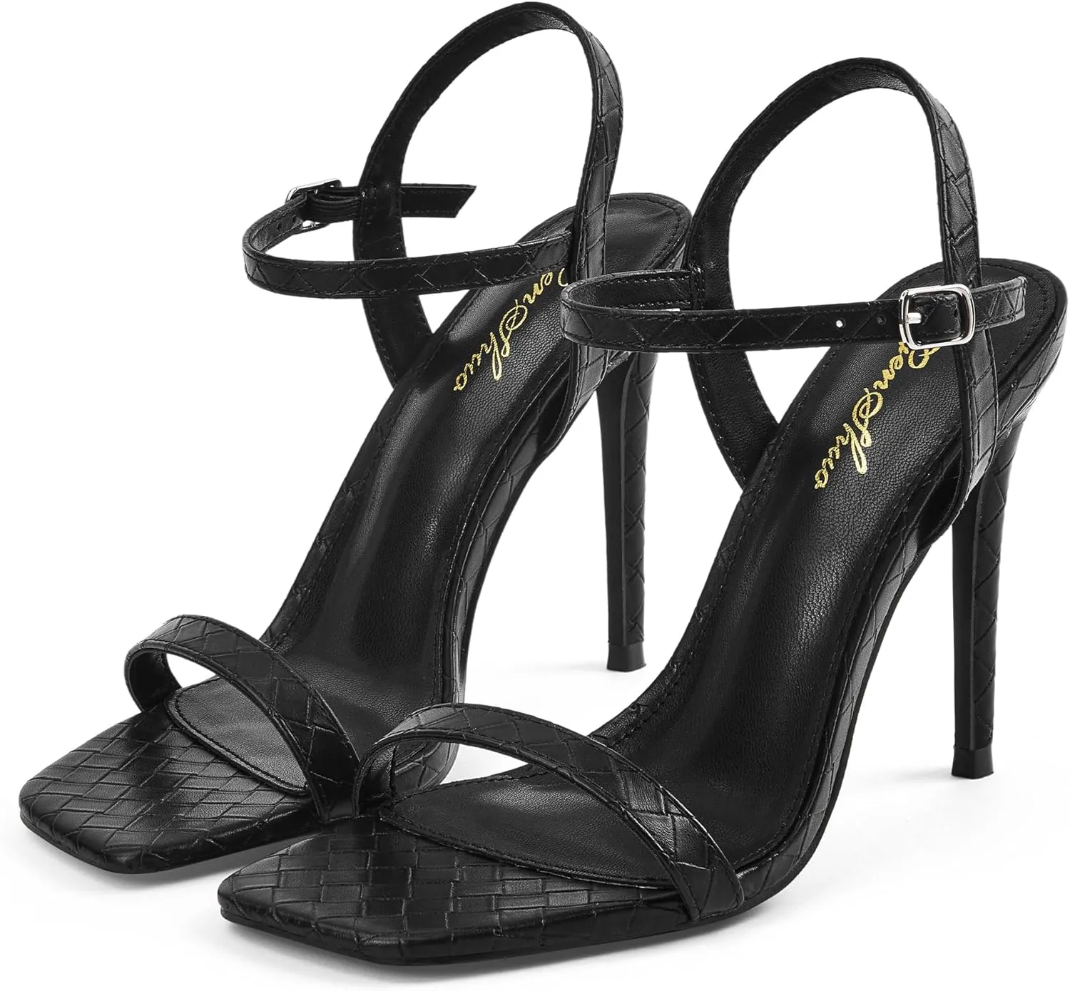 GENSHUO Women's Square Toe Strappy Stiletto Heels,4 Inch Open Toe Heel Sandals Ankle Strap Buckle Sexy High Heeled Prom Party Wedding Daily Wear Dress Shoes
