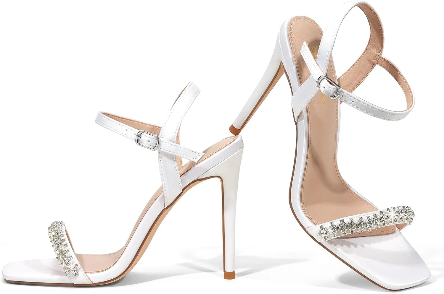 GENSHUO Women's Square Toe Strappy Stiletto Heels,4 Inch Open Toe Heel Sandals Ankle Strap Buckle Sexy High Heeled Prom Party Wedding Daily Wear Dress Shoes
