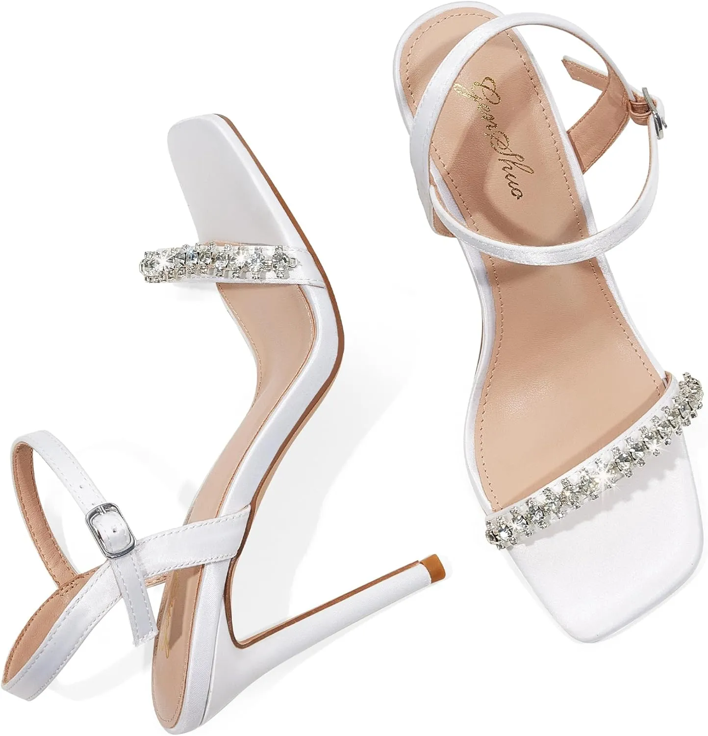 GENSHUO Women's Square Toe Strappy Stiletto Heels,4 Inch Open Toe Heel Sandals Ankle Strap Buckle Sexy High Heeled Prom Party Wedding Daily Wear Dress Shoes