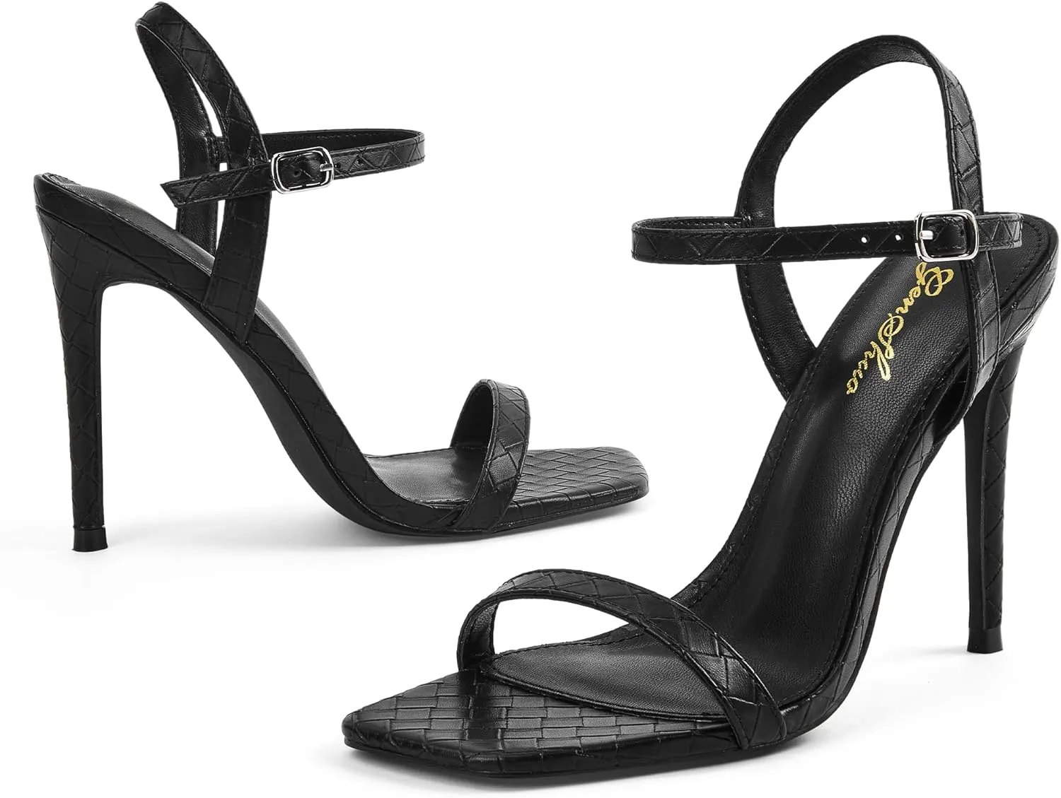 GENSHUO Women's Square Toe Strappy Stiletto Heels,4 Inch Open Toe Heel Sandals Ankle Strap Buckle Sexy High Heeled Prom Party Wedding Daily Wear Dress Shoes