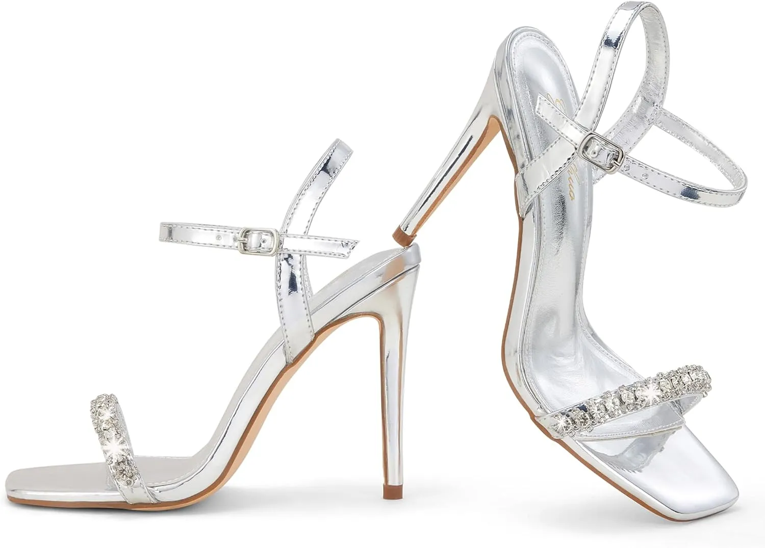 GENSHUO Women's Square Toe Strappy Stiletto Heels,4 Inch Open Toe Heel Sandals Ankle Strap Buckle Sexy High Heeled Prom Party Wedding Daily Wear Dress Shoes