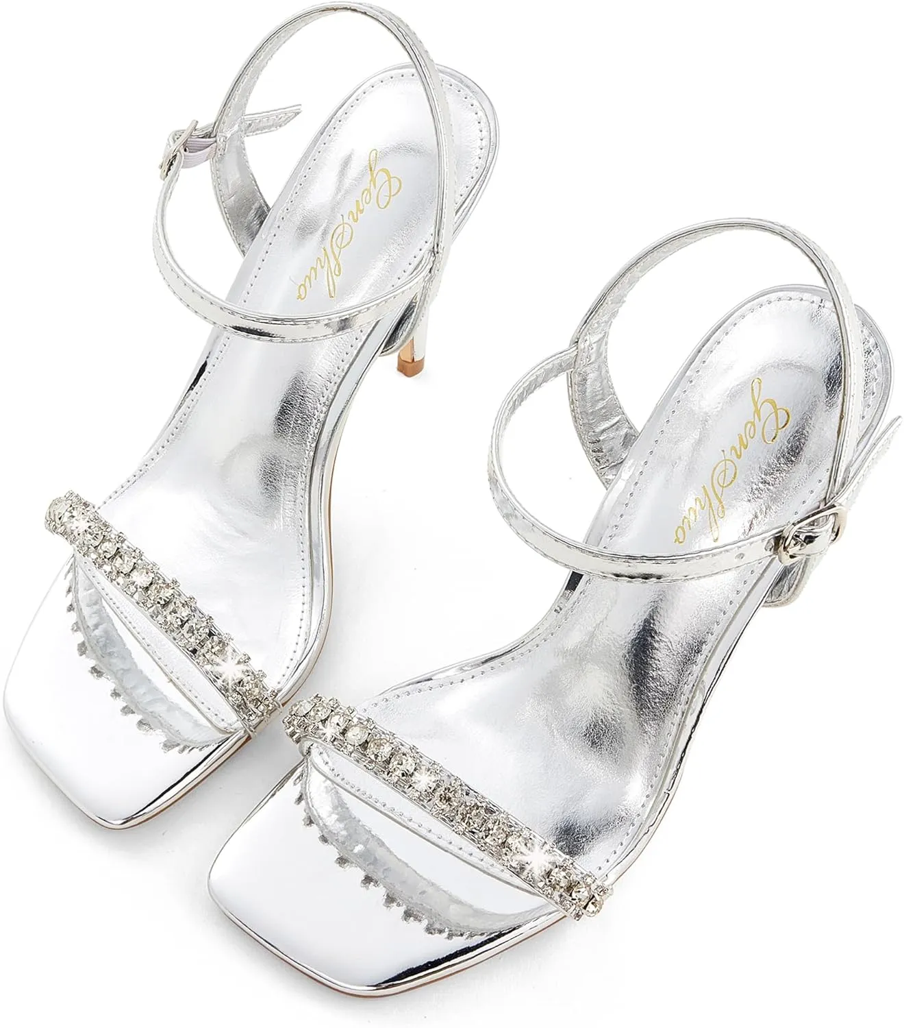 GENSHUO Women's Square Toe Strappy Stiletto Heels,4 Inch Open Toe Heel Sandals Ankle Strap Buckle Sexy High Heeled Prom Party Wedding Daily Wear Dress Shoes