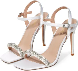 GENSHUO Women's Square Toe Strappy Stiletto Heels,4 Inch Open Toe Heel Sandals Ankle Strap Buckle Sexy High Heeled Prom Party Wedding Daily Wear Dress Shoes