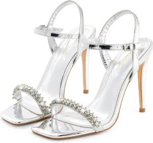GENSHUO Women's Square Toe Strappy Stiletto Heels,4 Inch Open Toe Heel Sandals Ankle Strap Buckle Sexy High Heeled Prom Party Wedding Daily Wear Dress Shoes