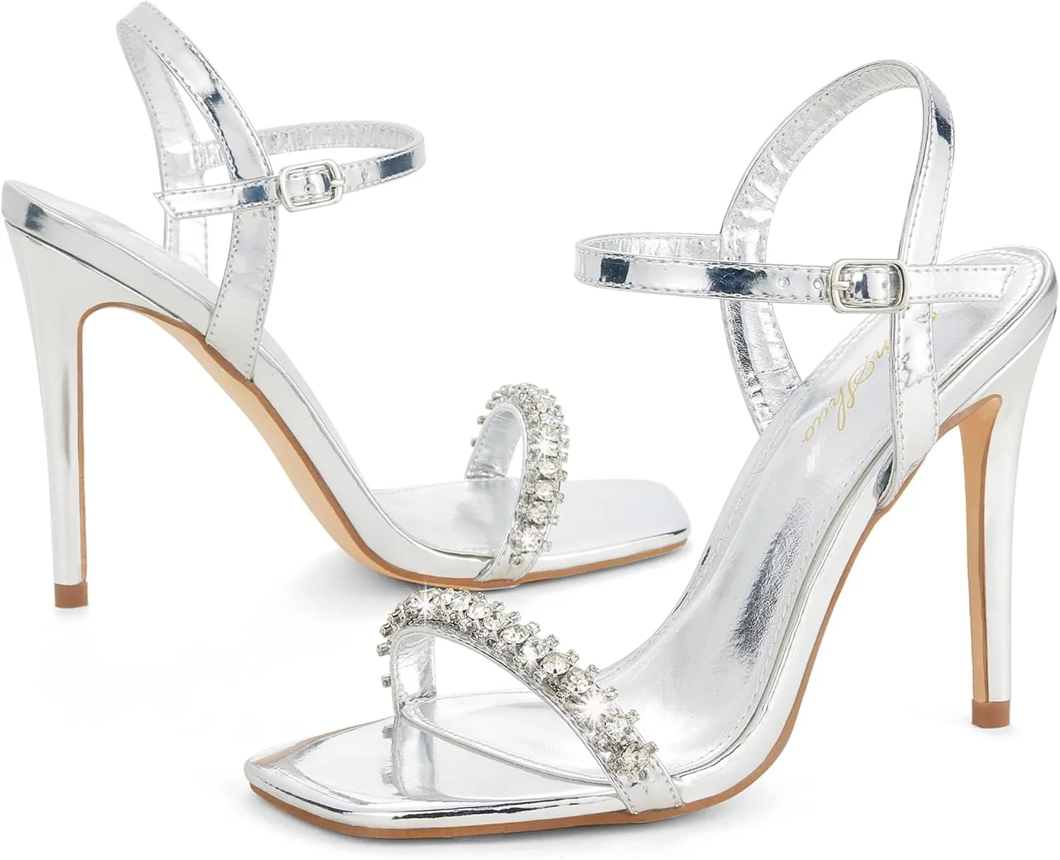 GENSHUO Women's Square Toe Strappy Stiletto Heels,4 Inch Open Toe Heel Sandals Ankle Strap Buckle Sexy High Heeled Prom Party Wedding Daily Wear Dress Shoes