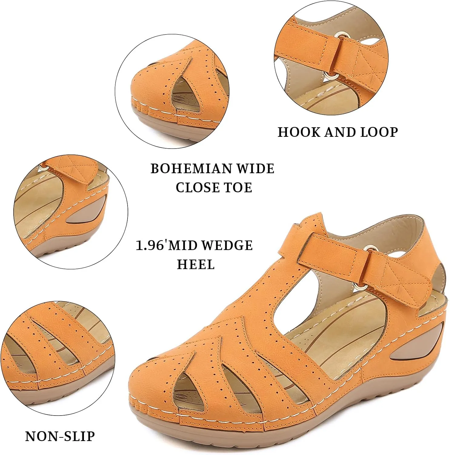 Gladiator Sandals for Women Slip On Comfortable Closed Toe Wedge Sandals Breathable Cutout Soft Cushion Wedges with Arch Support Dressy Summer Ankle Strap Vacation Shoes