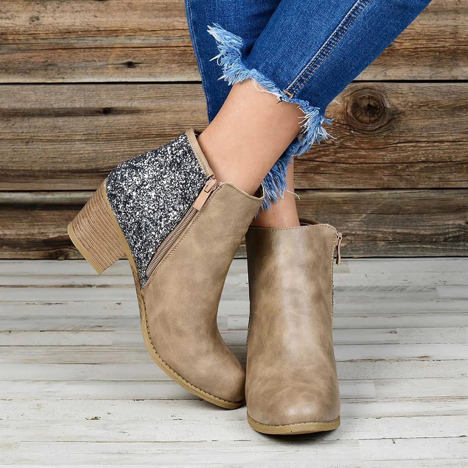 Glitter Leather Boots for Women Fashion Pointed Toe Side Zipper Square Heel Chunky Ankle Boots Winter Plus Size Casual High Heeled Thick Heel Shoes