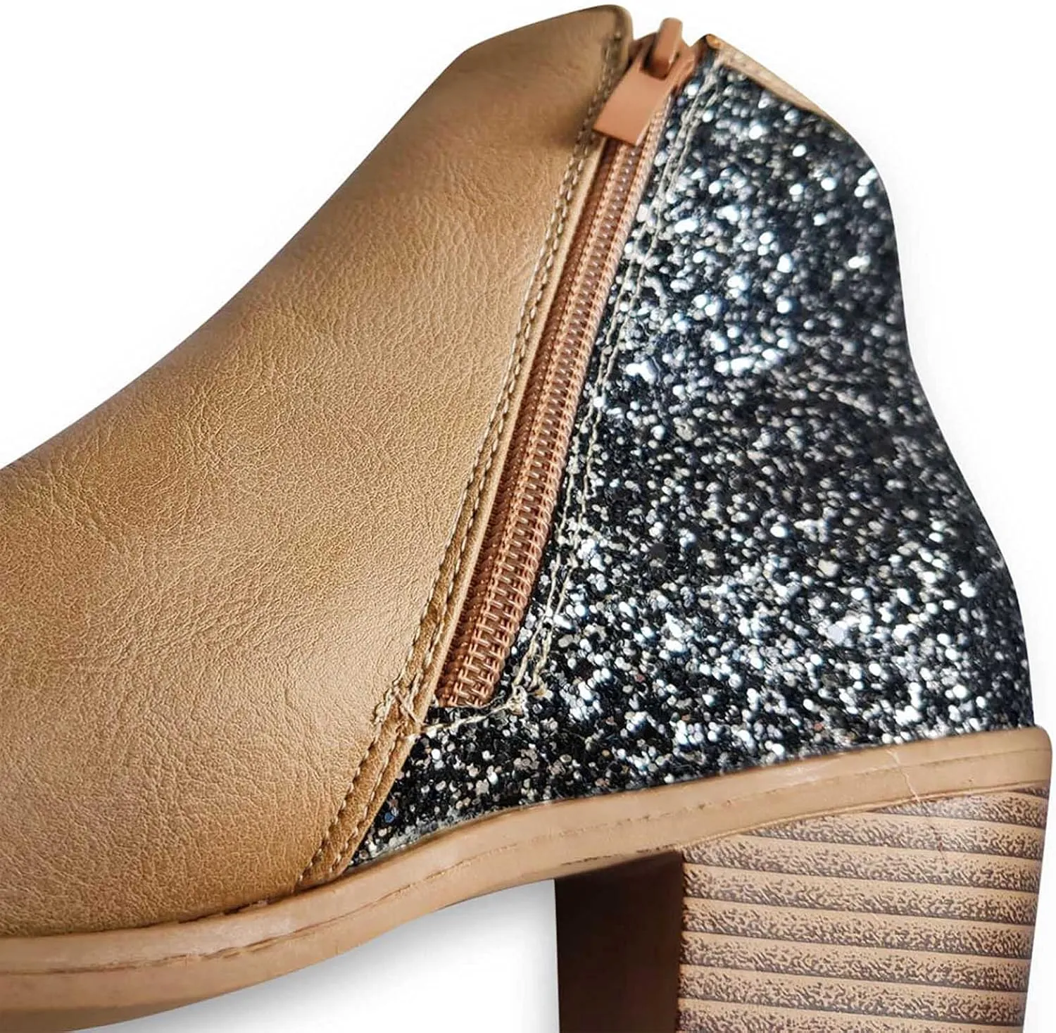 Glitter Leather Boots for Women Fashion Pointed Toe Side Zipper Square Heel Chunky Ankle Boots Winter Plus Size Casual High Heeled Thick Heel Shoes