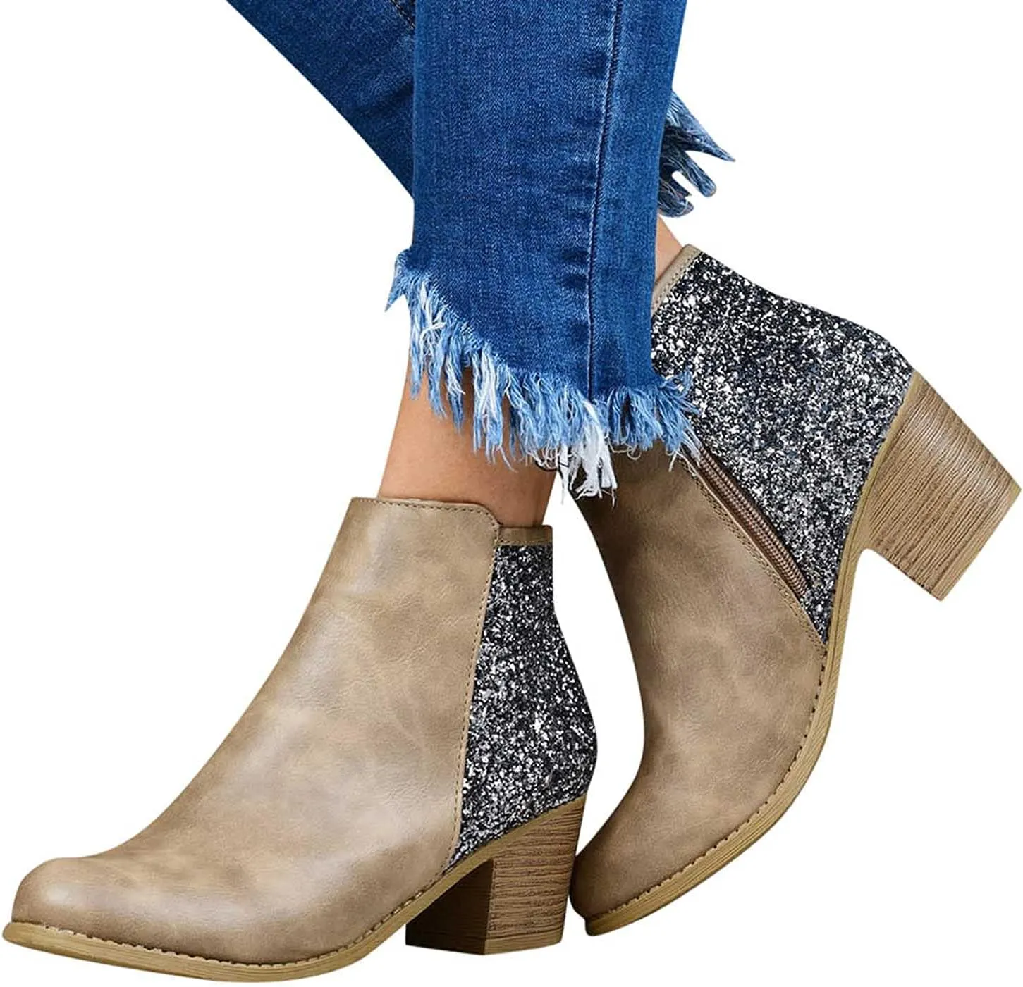 Glitter Leather Boots for Women Fashion Pointed Toe Side Zipper Square Heel Chunky Ankle Boots Winter Plus Size Casual High Heeled Thick Heel Shoes
