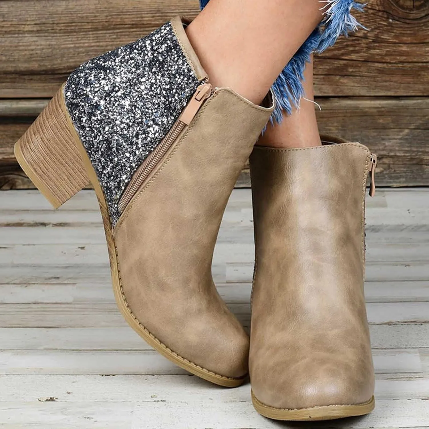 Glitter Leather Boots for Women Fashion Pointed Toe Side Zipper Square Heel Chunky Ankle Boots Winter Plus Size Casual High Heeled Thick Heel Shoes