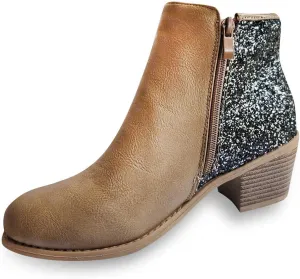 Glitter Leather Boots for Women Fashion Pointed Toe Side Zipper Square Heel Chunky Ankle Boots Winter Plus Size Casual High Heeled Thick Heel Shoes
