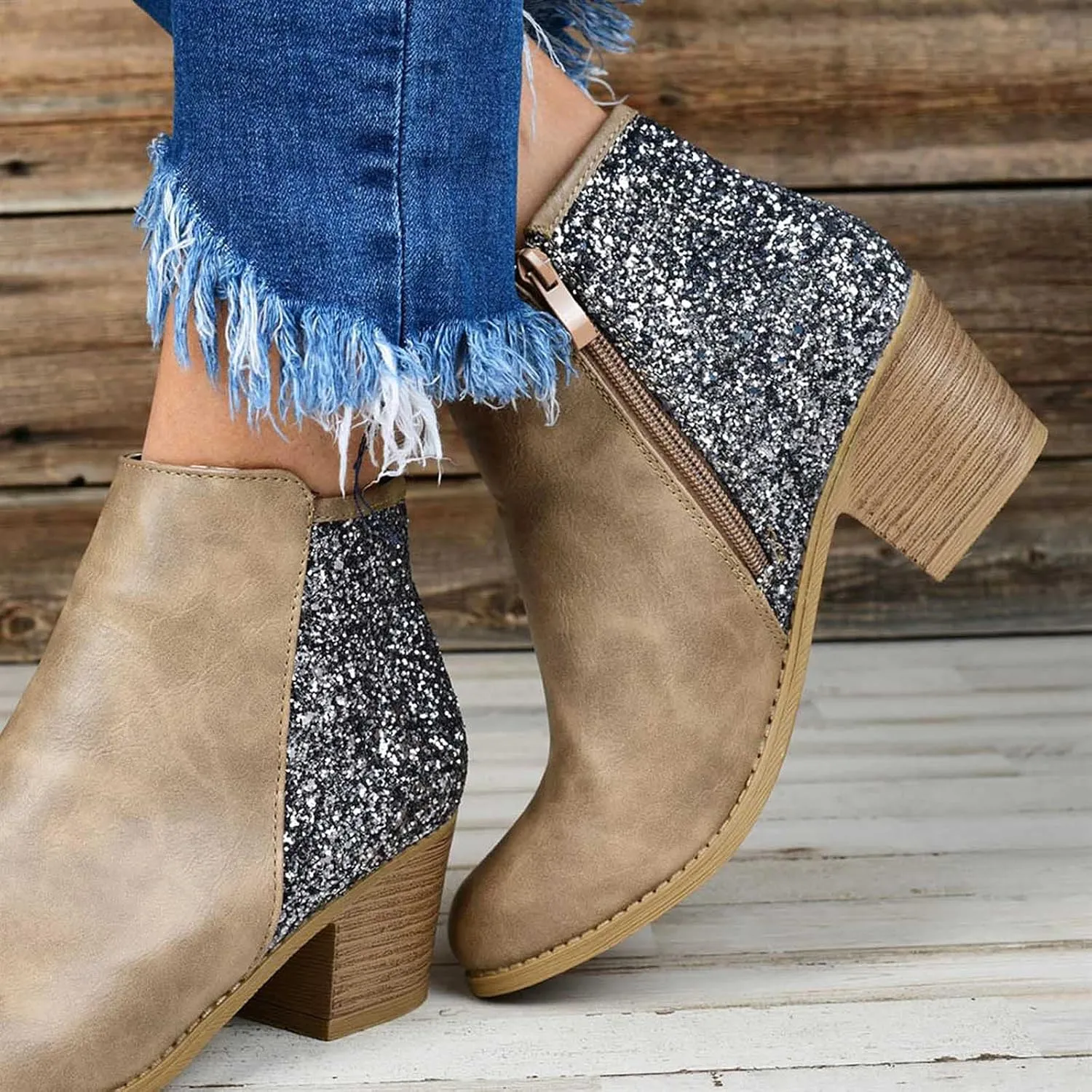 Glitter Leather Boots for Women Fashion Pointed Toe Side Zipper Square Heel Chunky Ankle Boots Winter Plus Size Casual High Heeled Thick Heel Shoes
