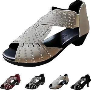 Glow Step Orthopedic Sandals,Glow Step Orthopedic Low Heel Cut-Out Sandals,Sparkly Rhinestone Low Wedge Heel Shoes For Women Open Toe Dress Cut Out Shoes Comfortable Dressy Summer Vacation