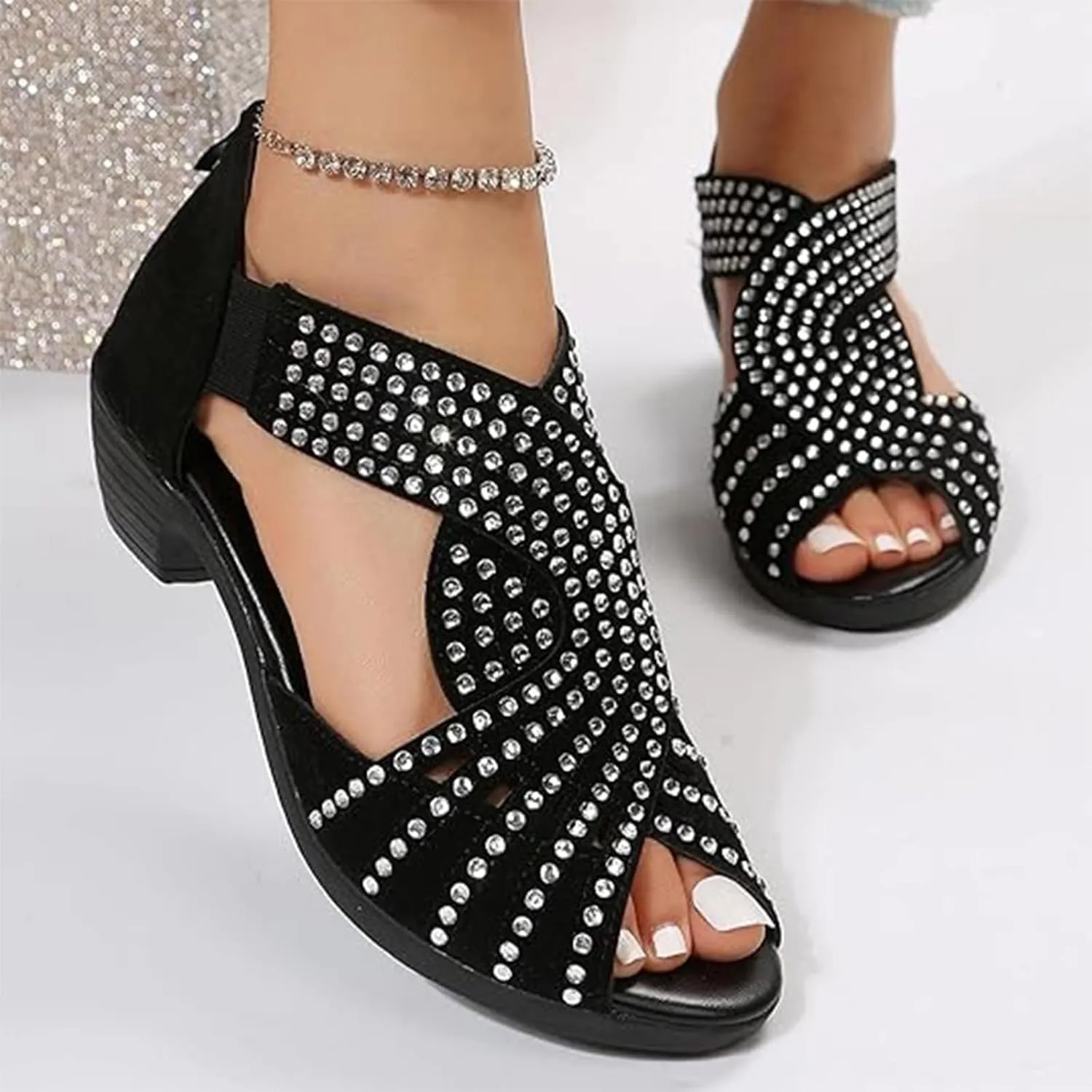 Glow Step Orthopedic Sandals,Glow Step Orthopedic Low Heel Cut-Out Sandals,Sparkly Rhinestone Low Wedge Heel Shoes For Women Open Toe Dress Cut Out Shoes Comfortable Dressy Summer Vacation