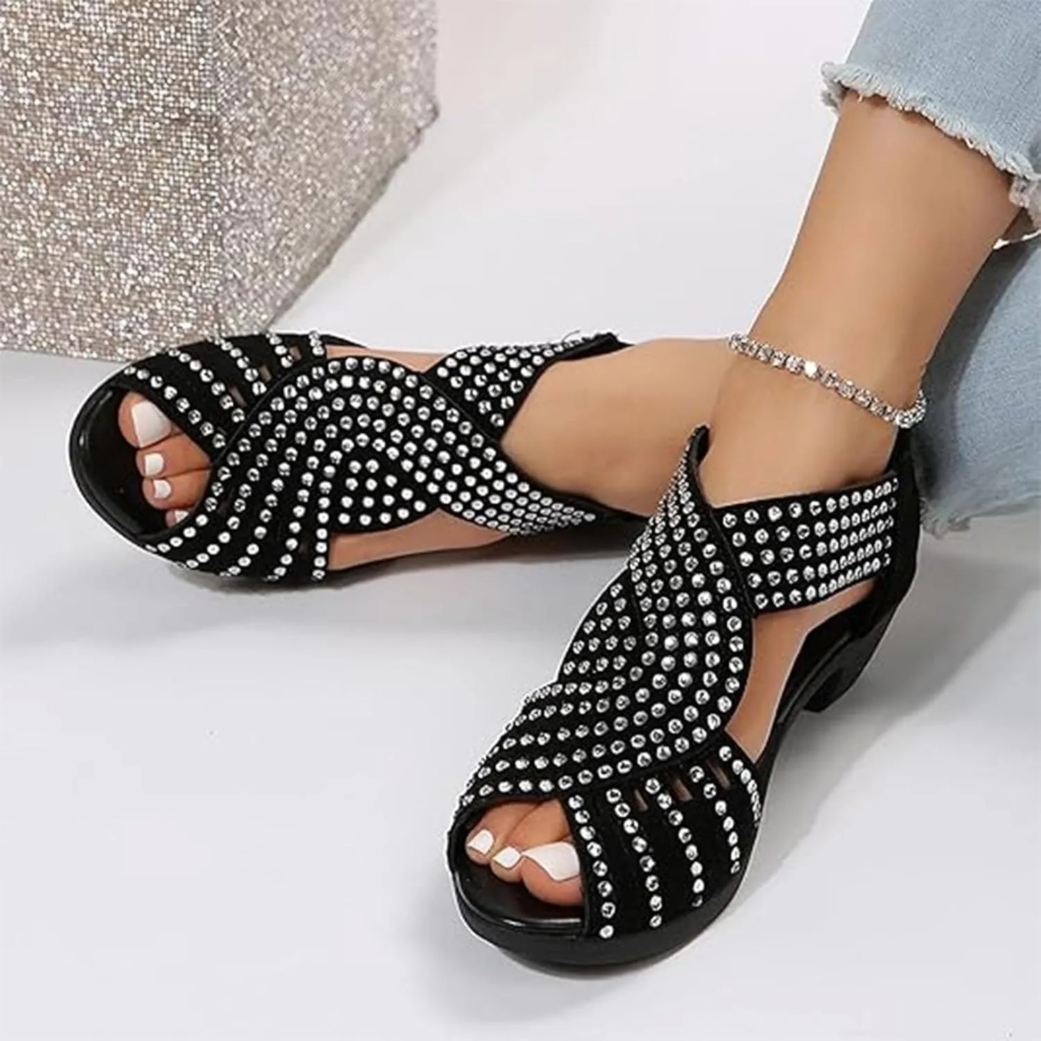 Glow Step Orthopedic Sandals,Glow Step Orthopedic Low Heel Cut-Out Sandals,Sparkly Rhinestone Low Wedge Heel Shoes For Women Open Toe Dress Cut Out Shoes Comfortable Dressy Summer Vacation