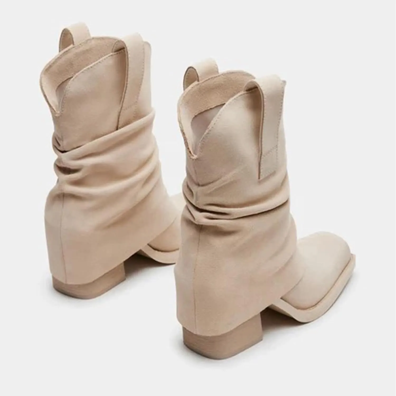 GORZADEUL Women's Brown Square Toe Folding Mid-Calf Thick Heel Riding Pull-Up Suede Boots