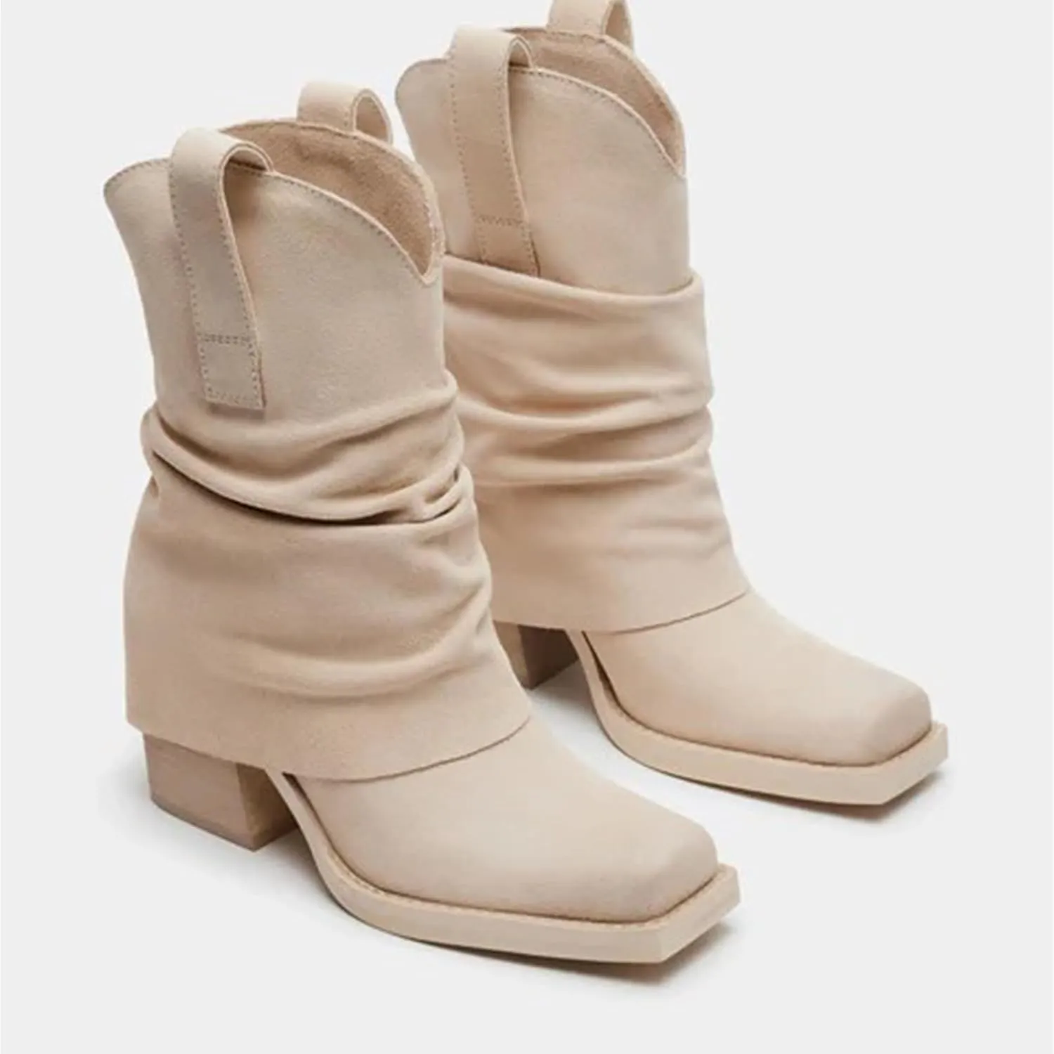 GORZADEUL Women's Brown Square Toe Folding Mid-Calf Thick Heel Riding Pull-Up Suede Boots