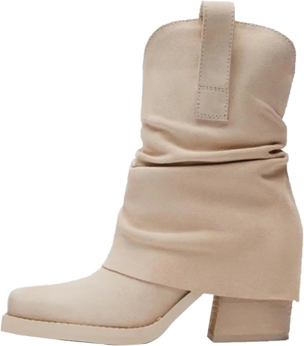 GORZADEUL Women's Brown Square Toe Folding Mid-Calf Thick Heel Riding Pull-Up Suede Boots