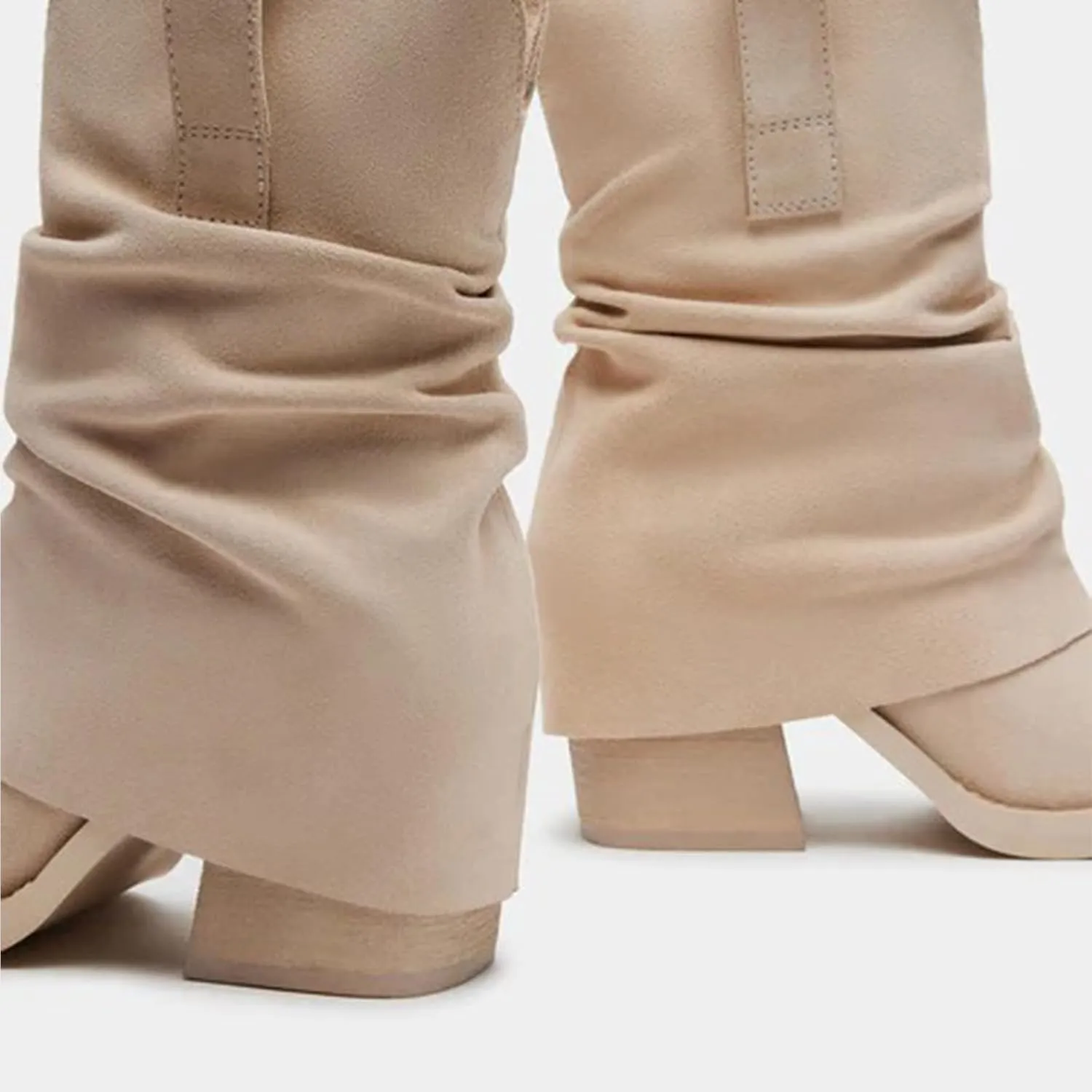 GORZADEUL Women's Brown Square Toe Folding Mid-Calf Thick Heel Riding Pull-Up Suede Boots