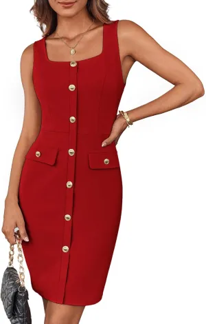 GRACE KARIN 2025 Women's Buttons Belted Square Neck Business Work Dress Sleeveless Bodycon Midi Dress