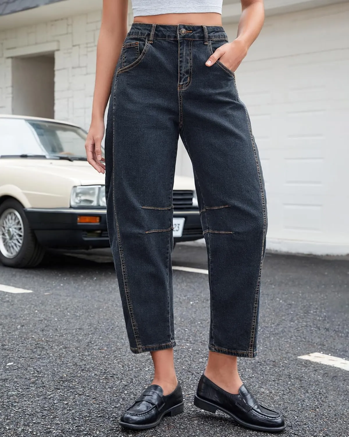 GRAPENT Barrel Jeans for Women Trendy High Waisted Wide Leg Baggy Cropped Relax Fit Stretch Denim Trouser Ankle Pants