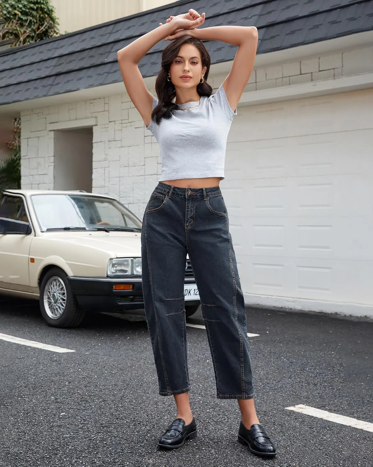 GRAPENT Barrel Jeans for Women Trendy High Waisted Wide Leg Baggy Cropped Relax Fit Stretch Denim Trouser Ankle Pants