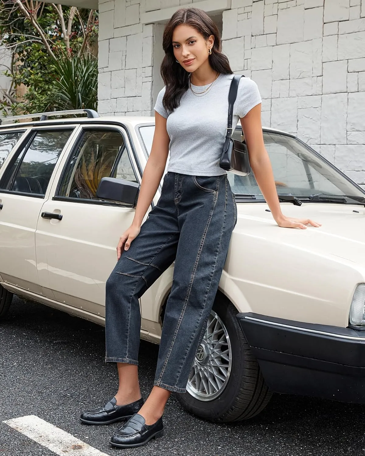 GRAPENT Barrel Jeans for Women Trendy High Waisted Wide Leg Baggy Cropped Relax Fit Stretch Denim Trouser Ankle Pants