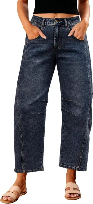 GRAPENT Barrel Jeans for Women Trendy High Waisted Wide Leg Baggy Cropped Relax Fit Stretch Denim Trouser Ankle Pants