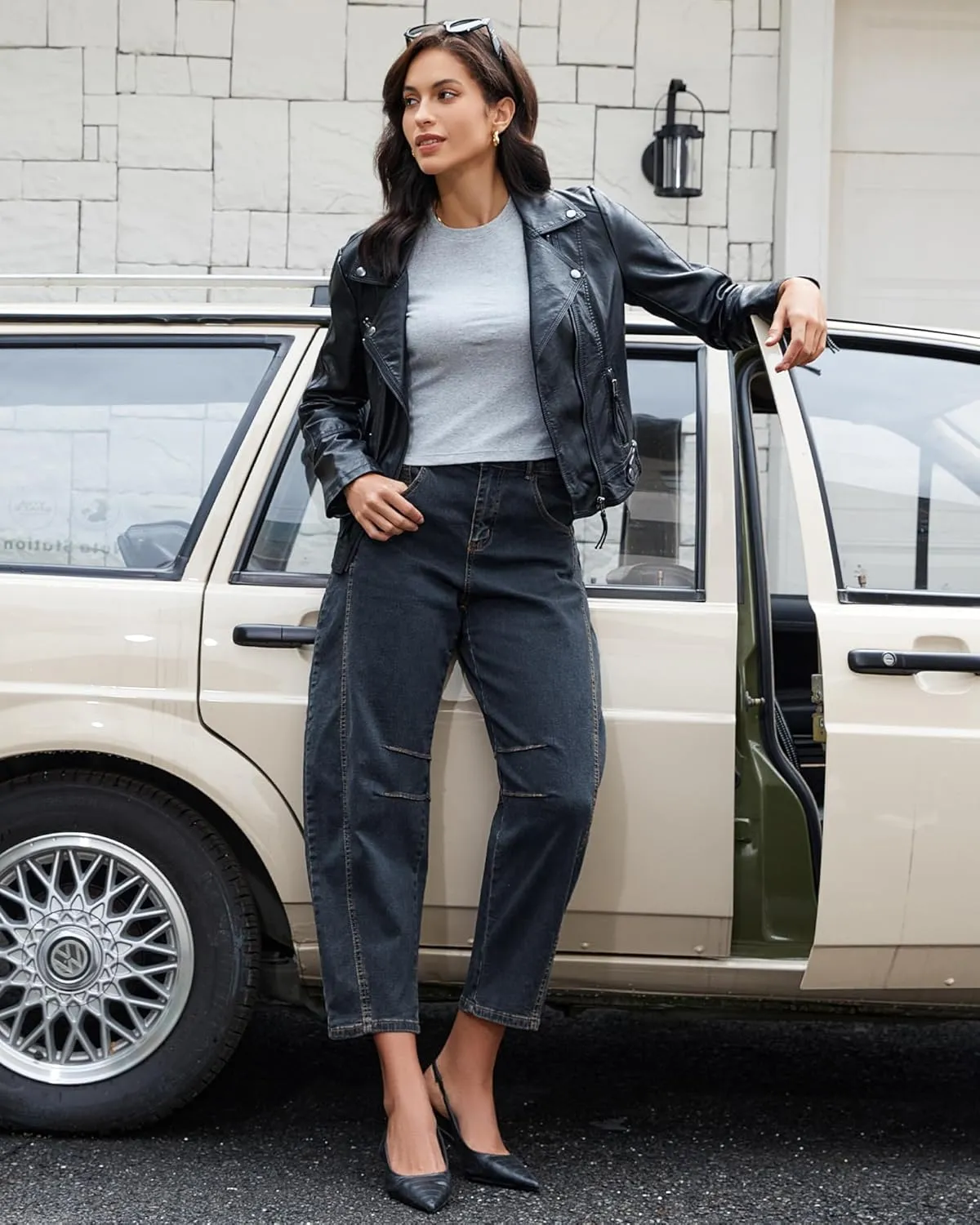 GRAPENT Barrel Jeans for Women Trendy High Waisted Wide Leg Baggy Cropped Relax Fit Stretch Denim Trouser Ankle Pants