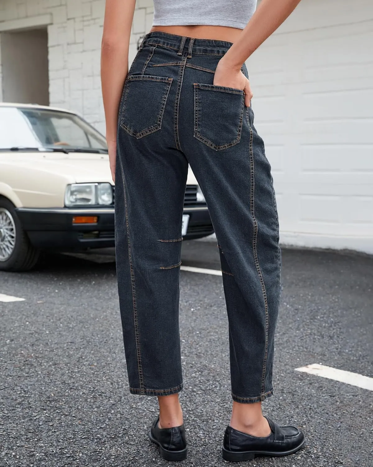 GRAPENT Barrel Jeans for Women Trendy High Waisted Wide Leg Baggy Cropped Relax Fit Stretch Denim Trouser Ankle Pants